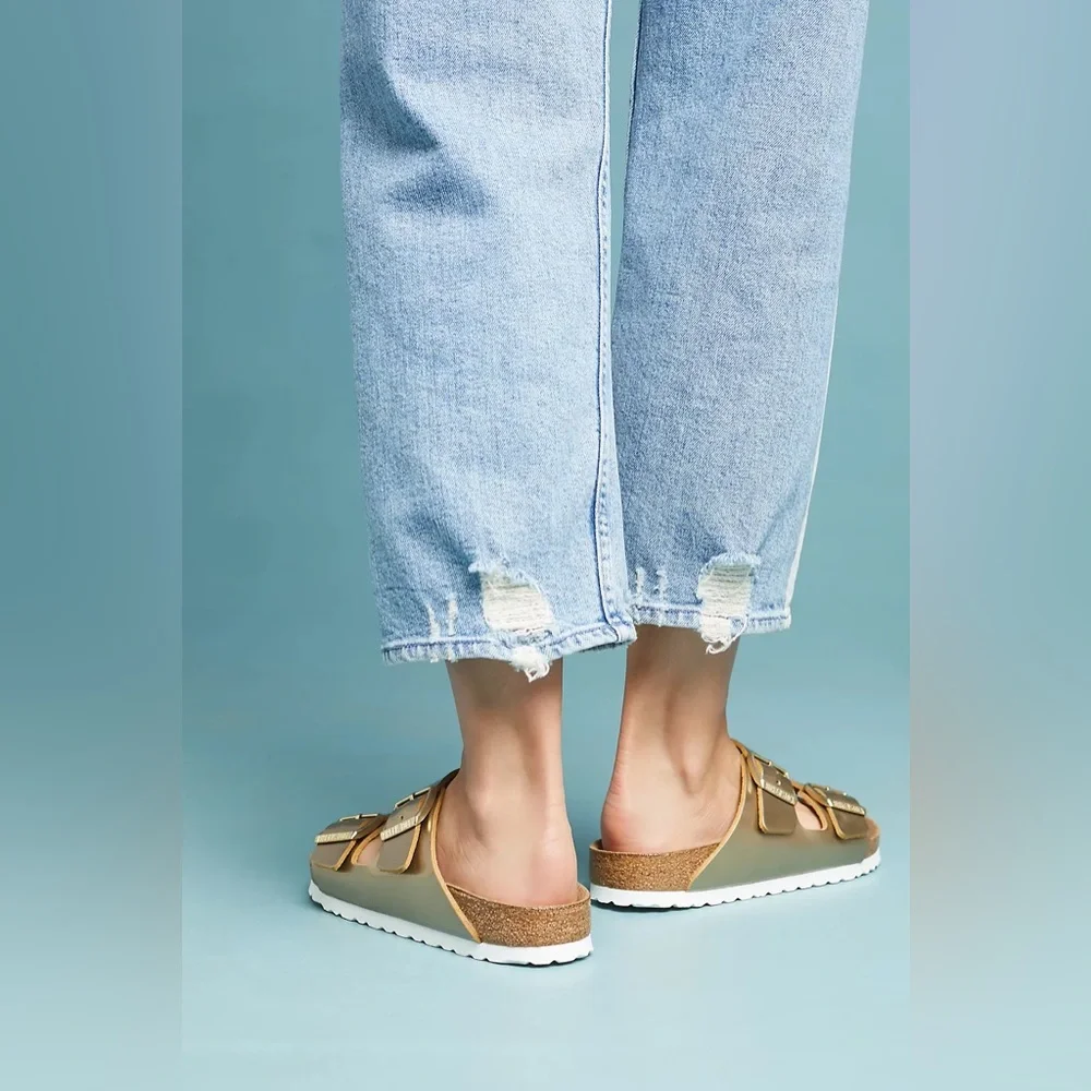 Ethem Genuins Canton Double Buckle Slide Sandal Gold Size 8-8.5 - Picture 2 of 6